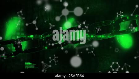 Bild von Molekülen über Kette und Datenverarbeitung auf schwarzem Hintergrund Stockfoto