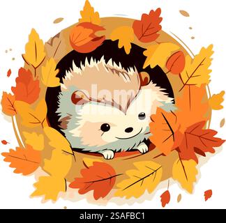 Süßer Igel in einem Kranz aus Herbstlaub. Vektorabbildung. Stock Vektor