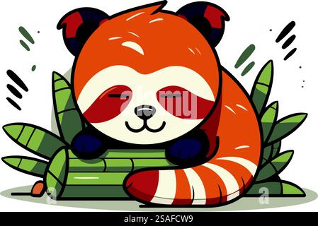 Niedlicher roter Panda, der auf Bambusblättern schläft. Vektorabbildung. Stock Vektor