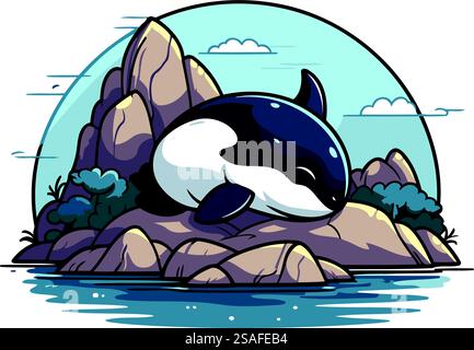 Cartoon-Killerwal auf einem Felsen im Ozean. Vektorabbildung. Stock Vektor