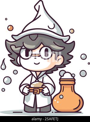 Wissenschaftler mit Chemikalienkolben. Illustration des Zeichentrickvektors. Wissenschafts- und Bildungskonzept. Stock Vektor
