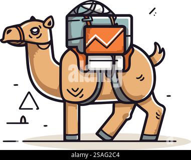 Kamel mit Rucksack. Vektorillustration eines Kamels in einem flachen Stil. Stock Vektor