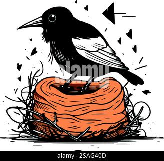 Krähe sitzt auf Nest. Vogel im Nest. Vektorabbildung. Stock Vektor