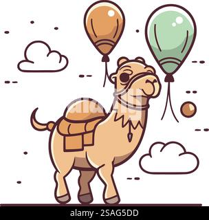 Niedliches Kamel mit Ballons am Himmel. Vektordarstellung in linearer Form. Stock Vektor