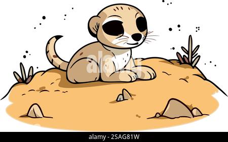 Niedliches Cartoon-Erdmännchen, das auf Sand sitzt. Vektorabbildung. Stock Vektor