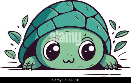 Niedliche Zeichentrickschildkröte mit grünen Blättern. Vektorillustration isoliert auf weißem Hintergrund. Stock Vektor