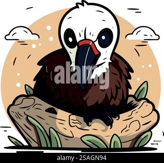 Vektor-Illustration eines Geiers, der in einem Nest sitzt. Zeichentrickstil. Stock Vektor