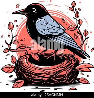 Krähe sitzt im Nest. Vektorillustration im Vintage-Stil. Stock Vektor