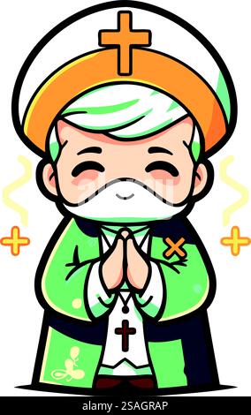 Niedlicher christlicher Comic-Priester, der betet. Vektorabbildung. Isoliert auf weißem Hintergrund Stock Vektor