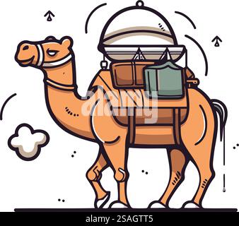 Kamel mit Koffer. Vektorillustration im Doodle-Stil. Stock Vektor