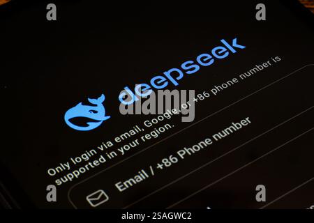 Ottawa, Kanada. Januar 2025. In dieser Abbildung wird das DeepSeek Logo auf einem Smartphone-Bildschirm angezeigt. Quelle: SOPA Images Limited/Alamy Live News Stockfoto