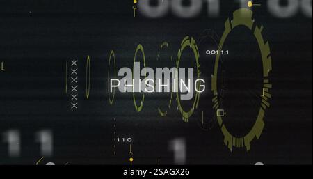 Bild von Phishing-Text und digitaler Datenverarbeitung auf schwarzem Hintergrund Stockfoto