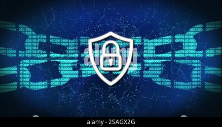 Abbildung: Vorhängeschloss-Symbol und Kette mit Datenverarbeitung über Verbindungen auf schwarzem Hintergrund Stockfoto