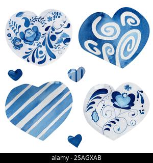 Set aus verschiedenen Aquarellherzen. In Blautönen. Elemente sind isoliert. Zum Drucken am valentinstag, Hochzeit, Postkarten, Aufkleber, Cover, prin Stockfoto