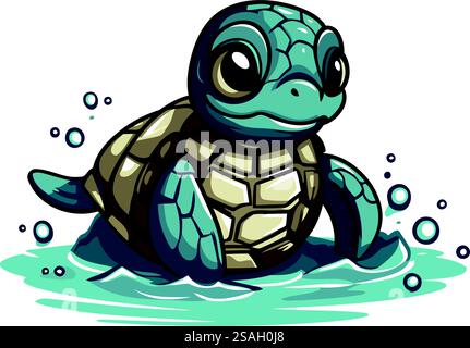 Niedliche Zeichentrickschildkröte, die im Wasser schwimmt. Vektorillustration isoliert auf weißem Hintergrund. Stock Vektor