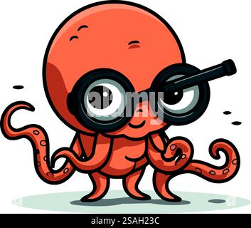 Oktopus mit Lupe. Niedliche Zeichentrickvektor-Illustration. Stock Vektor