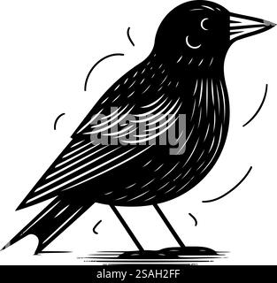 Schwarzer Vogel isoliert auf weißem Hintergrund. Vektorillustration im Vintage-Stil. Stock Vektor