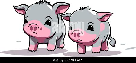 Vektor-Illustration von zwei niedlichen kleinen Schweinen, die nebeneinander stehen isoliert auf weißem Hintergrund. Stock Vektor