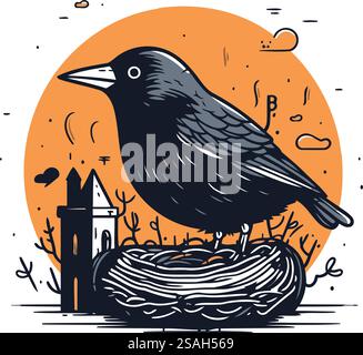 Krähe sitzt auf einem Nest. Vektorillustration im Vintage-Stil. Stock Vektor