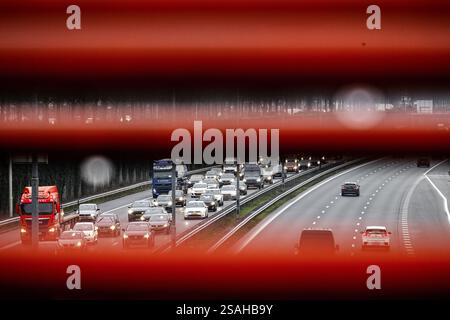 EKKERSWEIJER - Staus rund um den Autobahnkreuz Ekkersweijer nach einem Unfall mit einer Asphaltpflastermaschine. Rijkswaterstaat forderte die Verkehrsteilnehmer, die von Eindhoven in Richtung den Bosch reisen mussten, auf, ihre Reise bis nach der morgendlichen Hauptverkehrszeit zu verschieben. Aufgrund des Unfalls wurde die Autobahn A2 in Richtung den Bosch am Autobahnkreuz Ekkersweijer gesperrt. ANP ROB ENGELAAR niederlande aus - belgien aus Stockfoto