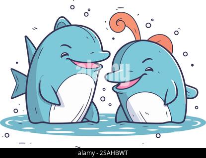 Vektor-Illustration von zwei niedlichen Zeichentrickdelfinen in der Liebe. Isoliert auf weißem Hintergrund. Stock Vektor