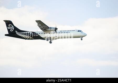 Auckland, Neuseeland – 27. Januar 2025: Air New Zealand ZK-MVI ATR 72-600 fliegt in Richtung Auckland International Airport. Stockfoto