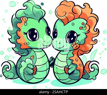 Niedliche Meerjungfrauen in Zeichentrick. Vektorillustration isoliert auf weißem Hintergrund. Stock Vektor