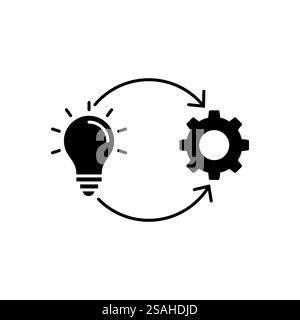 Implementierung Vektorlinie Symbol, Lösung ausführen entwickeln, Konfiguration Zahnrad mit Glühbirne, Prozess der Innovationsanalyse, Erfolg in der Branche Stock Vektor