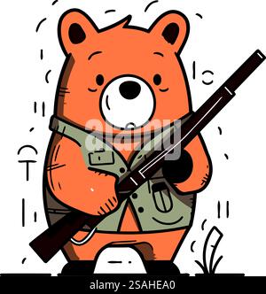 Niedlicher Karikaturbär mit Gewehr. Vektorabbildung in abgewickelter Form. Stock Vektor
