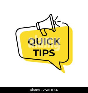 Symbol für QuickInfo. Gelbes Megaphon-Vektorbanner. faq-Schild für Bildungseinrichtungen. Beste Hilfe. Gedankenblase mit Zitaten. Top-Tipps Chat Think Me Stock Vektor