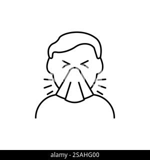 Niesen man Linie Symbol, Vektor Piktogramm der Grippe oder Erkältung Symptom. Mann, der Husten mit Serviettenillustration bedeckt, Schild für medizinisches Poster. Stock Vektor