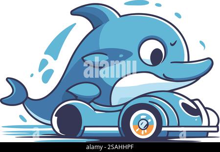 Zeichentrickdolfin fährt Auto. Vektorillustration auf weißem Hintergrund. Stock Vektor