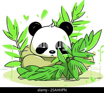 Süßer Panda mit Bambusblättern. Handgezeichnete Vektorgrafik. Stock Vektor