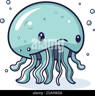Illustration einer niedlichen Comic-Qualle, die im Meer schwimmt. Stock Vektor