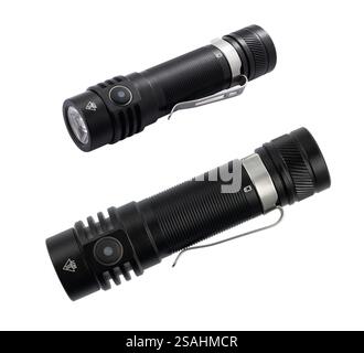 LED-Camping-Taschenlampe auf weißem Hintergrund in Isolierung, Stockfoto