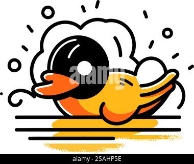 Niedliche Cartoon-Ente in der Sonne. Vektorabbildung in Linienart. Stock Vektor