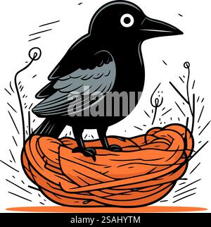 Krähe sitzt in einem Nest. Vektor-Illustration eines Vogels. Stock Vektor