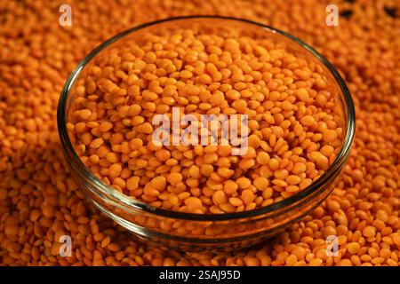 Rote Linsen in Schüssel auf Linsenhintergrund. Stockfoto