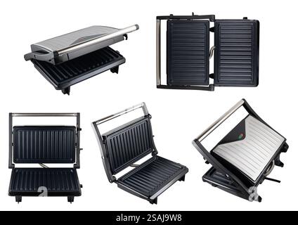 Moderner elektrischer Grill isoliert auf weißem Hintergrund. Sammlung. Stockfoto