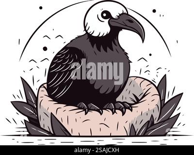 Krähe sitzt in einem Nest. Vektorillustration auf weißem Hintergrund. Stock Vektor
