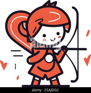 Cupid mit Bogen und Pfeil. Vektordarstellung in dünner Linienart. Stock Vektor