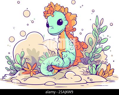 Niedlicher Cartoon-Dinosaurier, der auf dem Sand mit Blumen sitzt. Vektorabbildung. Stock Vektor