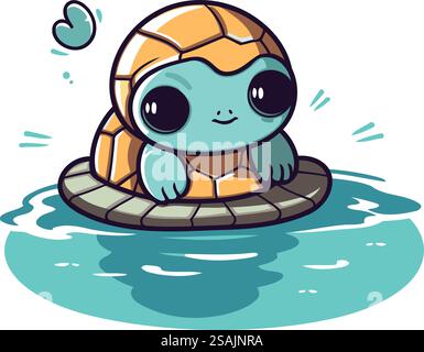 Niedliche Schildkröte schwimmt auf einem aufblasbaren Ring. Vektorabbildung. Stock Vektor