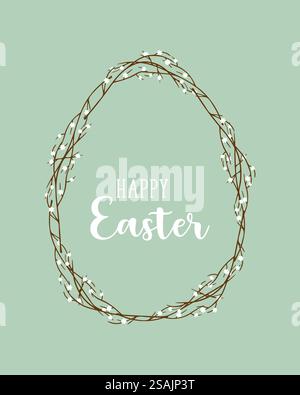Fröhliches Osterfestplakat mit frühlingsblühenden Zweigen und Blumen in Form eines Eies, auf grünem, weichem Pastellhintergrund. Vektorabbildung Stock Vektor