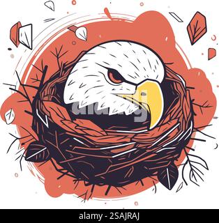Handgezeichnete Vektorillustration eines Weißkopfseeadlers in einem Vogelnest. Stock Vektor
