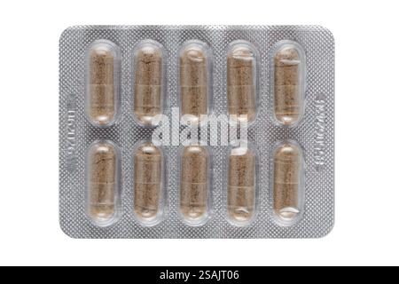 Nahaufnahme von Kräutertabletten in Blisterpackung, Medikamente für Allergien, Antibiotika, Schmerzmittel, Pakete für Tabletten isoliert auf weißem Hintergrund Stockfoto