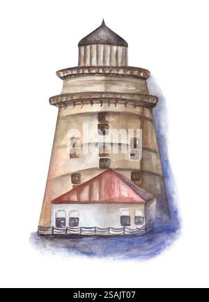 Ein alter Leuchtturm am Meer, isolierte Aquarellillustration. Trübe Aquarellhintergründe. Stockfoto