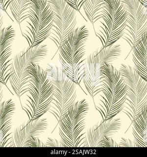 Tropisches Grün Blätter Palme Aquarell Illustration nahtloses Muster auf Gelb. Schablone für Postkarte, Textil, Stoff, Tapete, Karte, Verpackung, Party. Stockfoto