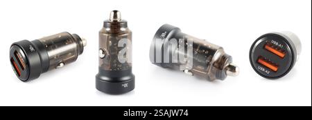 Telefonladegerät vom Auto-Zigarettenanzünder-Adapter, auf weißem Hintergrund in der Isolierung. Stockfoto