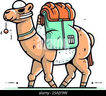 Kamel mit Rucksack. Vektorillustration im Cartoon-Stil auf weißem Hintergrund. Stock Vektor